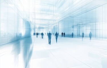  Abstract architectural rendering of a modern building interior with blurred figures of people walking.