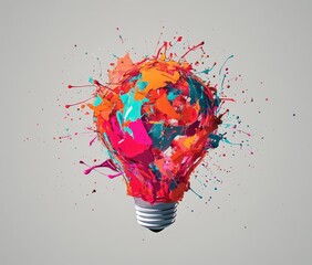 Poster - Colorful paint splattered lightbulb, creativity concept.