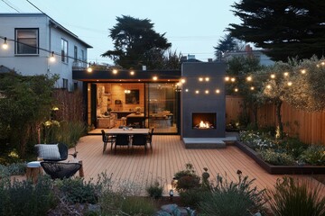 Modern backyard patio with outdoor fireplace, string lights, and dining set at dusk.