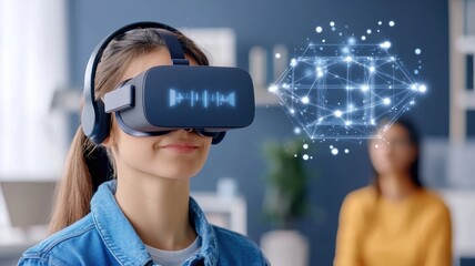 Poster - Virtual reality experience modern home office digital interaction cozy environment engaging viewpoint innovative concept