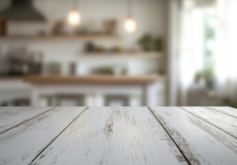 Poster - White rustic wooden table in blurred kitchen background.