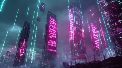 Poster - Futuristic cityscape animation cyberpunk environment digital art vibrant lighting aerial view technology concept