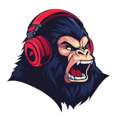 Wall Mural - Gorilla Wearing Red Headphones Roaring Loudly