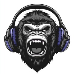 Wall Mural - Roaring Gorilla Wearing Oversized Headphones