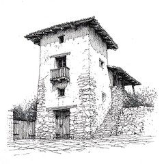 Wall Mural - Pen and Ink Sketch of a Rustic Stone Building with Balcony and Exterior Staircase.