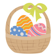 Easter wicker basket. Straw basket with painted decorative eggs, gift ribbon bow, colorful egg. Vector illustration for posters, cards, invitations