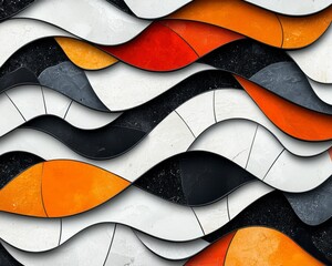 Poster - Abstract colorful wave pattern with smooth curves in orange, black, white, and gray hues