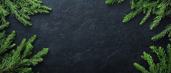 Close up of green pine tree branches on a dark background, generative AI