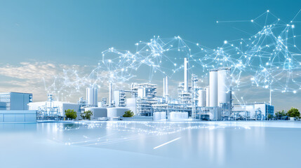 Poster - Futuristic industrial landscape with digital connections and a clear blue sky