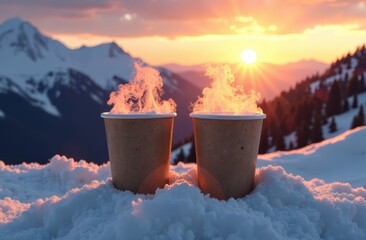 Two cardboard cups with aromatic coffee and tea, from which steam is emitting, stand in the snow against the background of snow-capped mountain peaks and the setting sun. The concept of warming drink