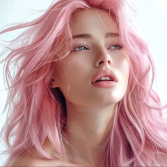 Canvas Print - Woman with beauty long pink hair with natural make-up, white background.