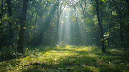  Bright sunbeams casting long shadows in a tranquil forest glade, isolated on white background, ideal for serene and natural beauty visuals, AI Generative