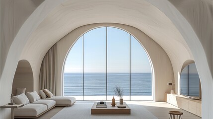 Poster - A minimalist living room with high barrel vaulted ceilings, large windows looking out to an ocean view.