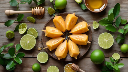 Canvas Print - Flat lay of honey, lime, and pepino melon slices arranged on a wooden surface.  Healthy food, natural ingredients, and refreshing concept.