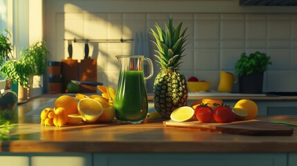 Wall Mural - Fresh green smoothies being prepared in a kitchen with various fresh fruits and vegetables on the counter. Healthy lifestyle concept.