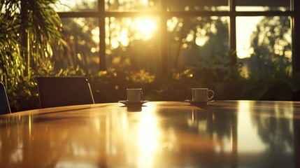 Poster - Two coffee cups on a table by a sunlit window.