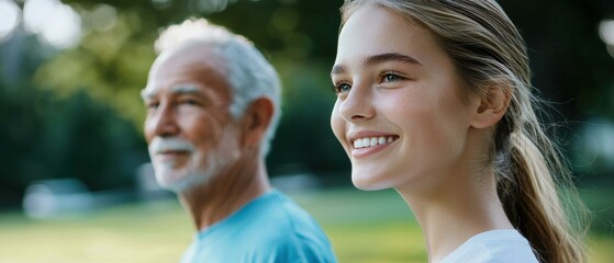 Poster - A young woman and an older man smile outdoors. AI.