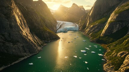 Wall Mural - aerial view of glacier melting into a fjord, surrounded by mountains at sunset.