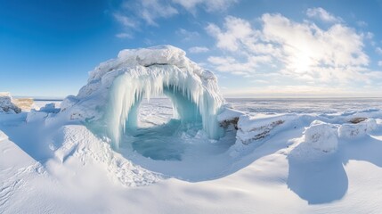 Wall Mural - Icy archway over snowy landscape, frozen lake under blue sky.