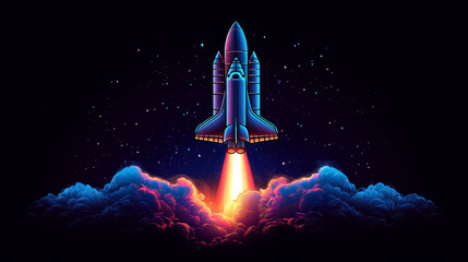 Poster - Abstract space shuttle launches into space. Glowing rocket and smoke under it. Digital start-up and success concept. Low poly wireframe 3D vector illustration in technology blue on a dark background.