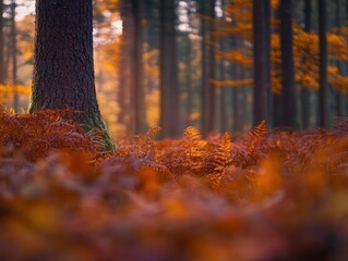 Aufkleber - Sunlit autumn forest scene with vibrant red ferns and tree trunk.