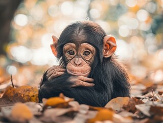 Aufkleber - Adorable baby chimpanzee sitting amidst fallen autumn leaves, looking directly at the camera.