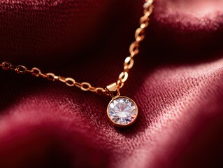 Aufkleber - Close-up of elegant gold necklace with single diamond pendant resting on red velvet.