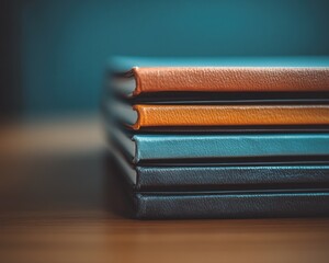 Poster - Stack of four hardcover books in muted colors on a wooden surface.
