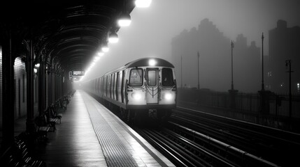 Aufkleber - Foggy morning, subway train arriving at platform.