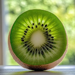 Sticker - Close-up of a halved kiwi fruit, showcasing its vibrant green flesh, numerous tiny black seeds arranged in concentric circles around a central core, and a slightly fuzzy brown skin. 