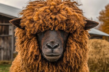 Poster - Close-up of a brown sheep with thick, curly fleece, looking directly at the camera.