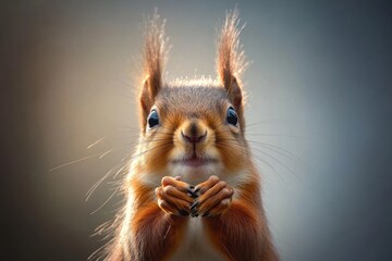 Poster - Close-up portrait of an adorable red squirrel with fluffy ears and paws together, looking directly at the camera against a soft-focus background.