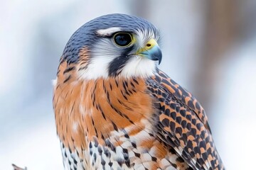 Poster - Close-up portrait of an American Kestrel, a small falcon with vibrant reddish-brown, black, and white plumage, perched against a blurred snowy background.