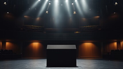 Poster - Empty stage with spotlight, dark theater, cube podium.