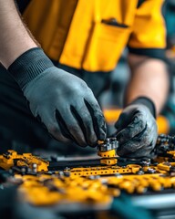 Aufkleber - Close-up of mechanic's hands repairing yellow machinery parts.