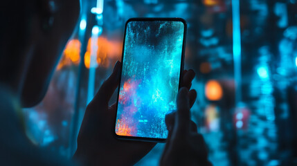 Poster - Abstract technology Ai computing and smartphone concept working data of Artificial intelligence and futuristic digital for future on dark blue background.