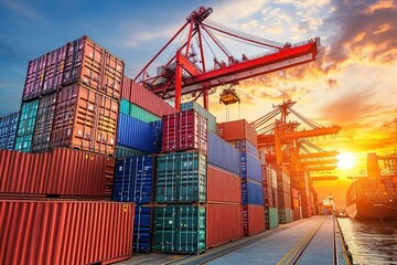 Poster - Colorful cargo containers at sunset, a bustling port scene with cranes and ships.