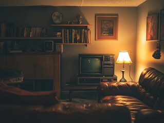 Poster - Cozy living room with vintage furniture, television, and warm lighting.