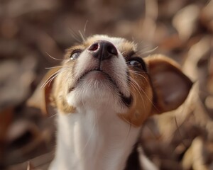 Poster - Close-up of an adorable puppy looking up, surrounded by autumn leaves.