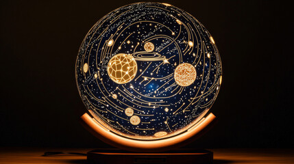 Poster - Abstract image of a lamp bulb in the form of a starry sky or space, consisting of points, lines, and shapes in the form of planets, stars and the universe. Vector business