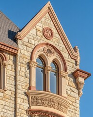Poster - Ornate stone facade detail of a historic building, featuring a unique window and architectural carvings against a clear blue sky.