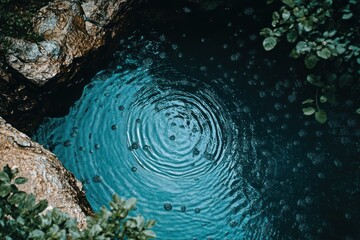 Leinwandbilder - Overhead view of a calm, teal pool of water with concentric ripples, nestled within dark rocks and lush green foliage.