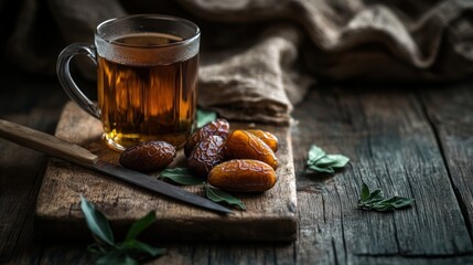 Poster - A glass of tea and dates on a rustic wooden board.
