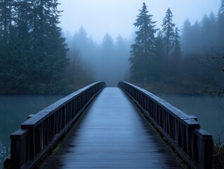 Poster - Misty morning view of a wooden bridge extending to a foggy forest across a calm lake.
