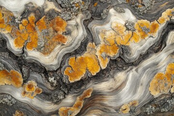 Aufkleber - Close-up of tree bark with swirling grey and white wood grain and orange lichen.