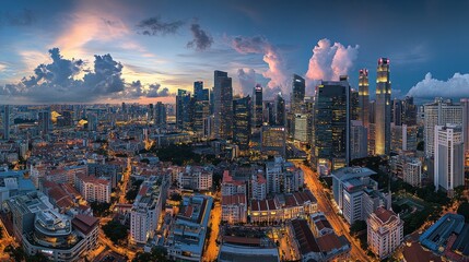 Poster - Panoramic sunset view of a vibrant city skyline with modern skyscrapers and traditional buildings illuminated at dusk.