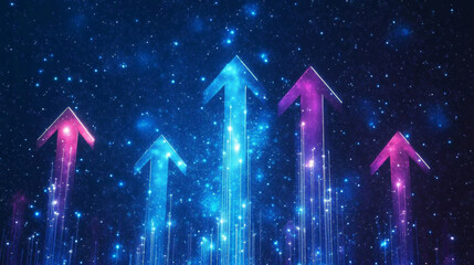 Poster - Analytics. Arrow up concept on computer monitor screen. Vector low poly wireframe in the form of starry sky or space, consisting of points, lines, and shapes in the form of stars with destruct shapes