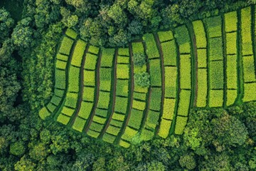 Poster - Aerial view of vibrant green terraced fields on a hillside, surrounded by lush forest.