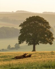 Poster - Two cows resting in a field under a large tree at sunset, with rolling hills in the background.
