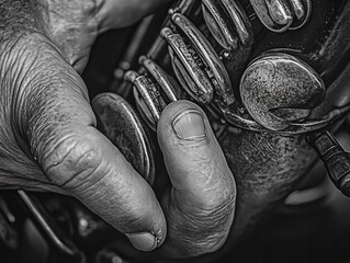 Aufkleber - Close-up monochrome image of a hand on a musical instrument's keys.